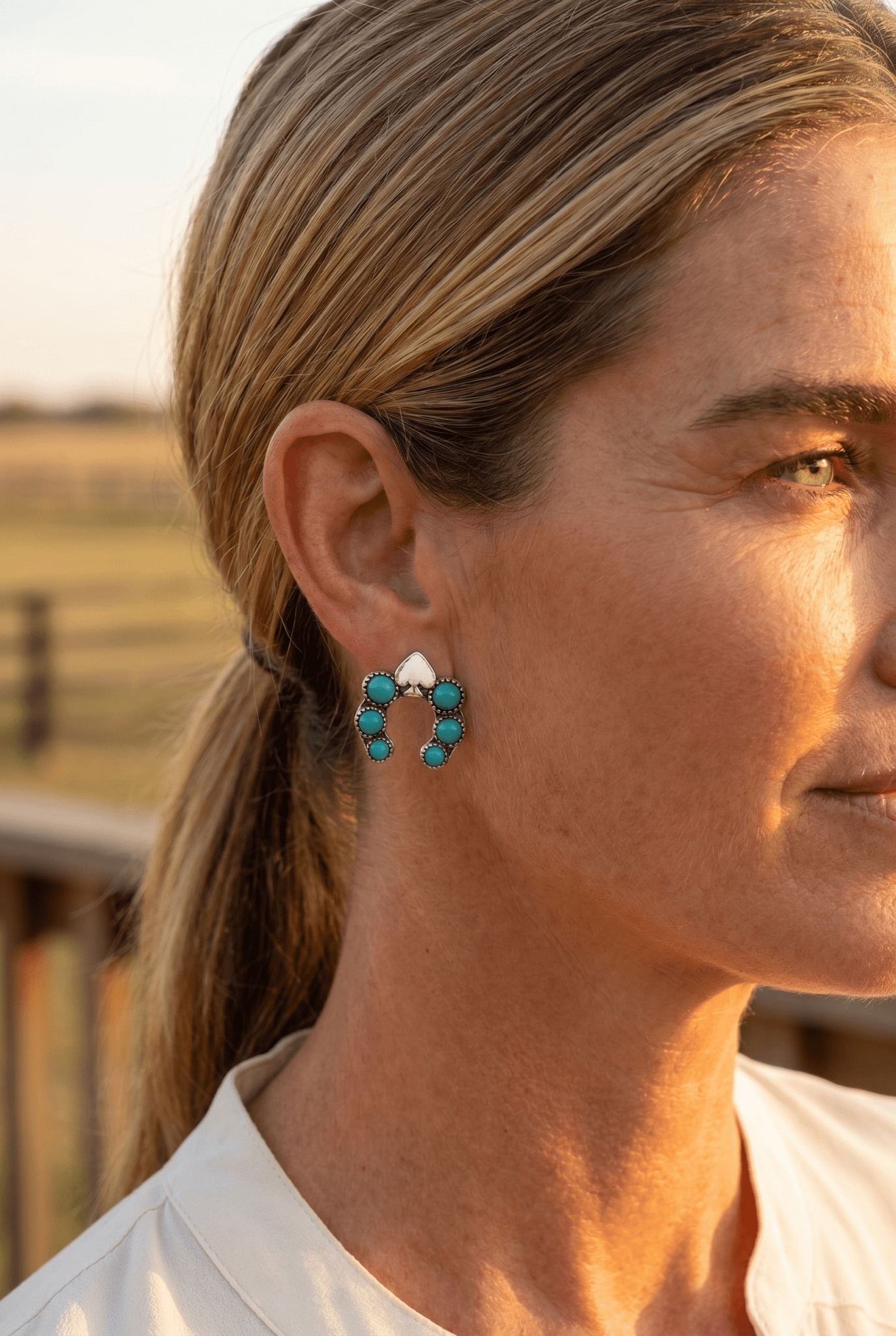 Western Spade & Faux Turquoise Squash Blossom Earrings — Petite 1" Drop - Cowhide and Conchos
