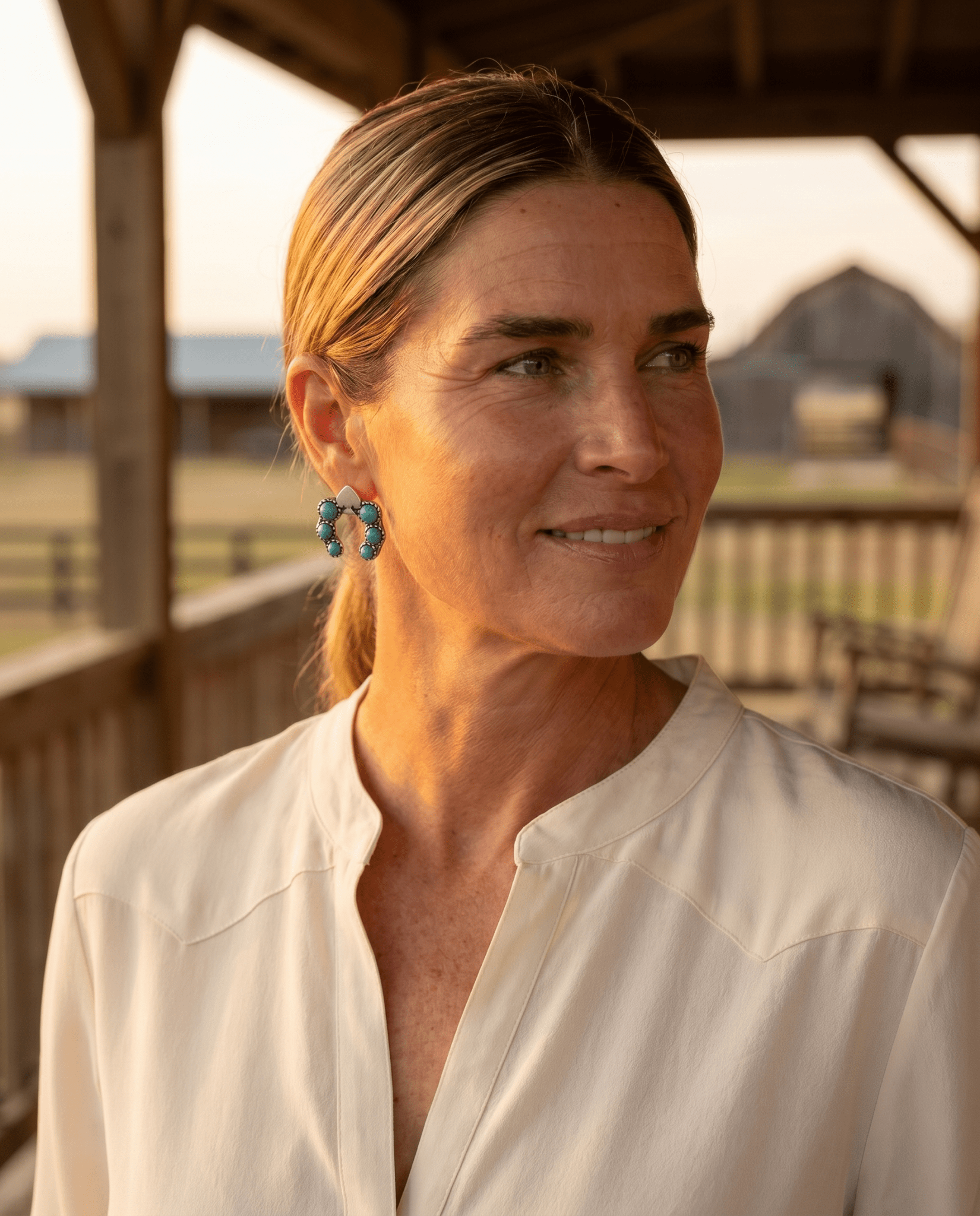 Western Spade & Faux Turquoise Squash Blossom Earrings — Petite 1" Drop - Cowhide and Conchos