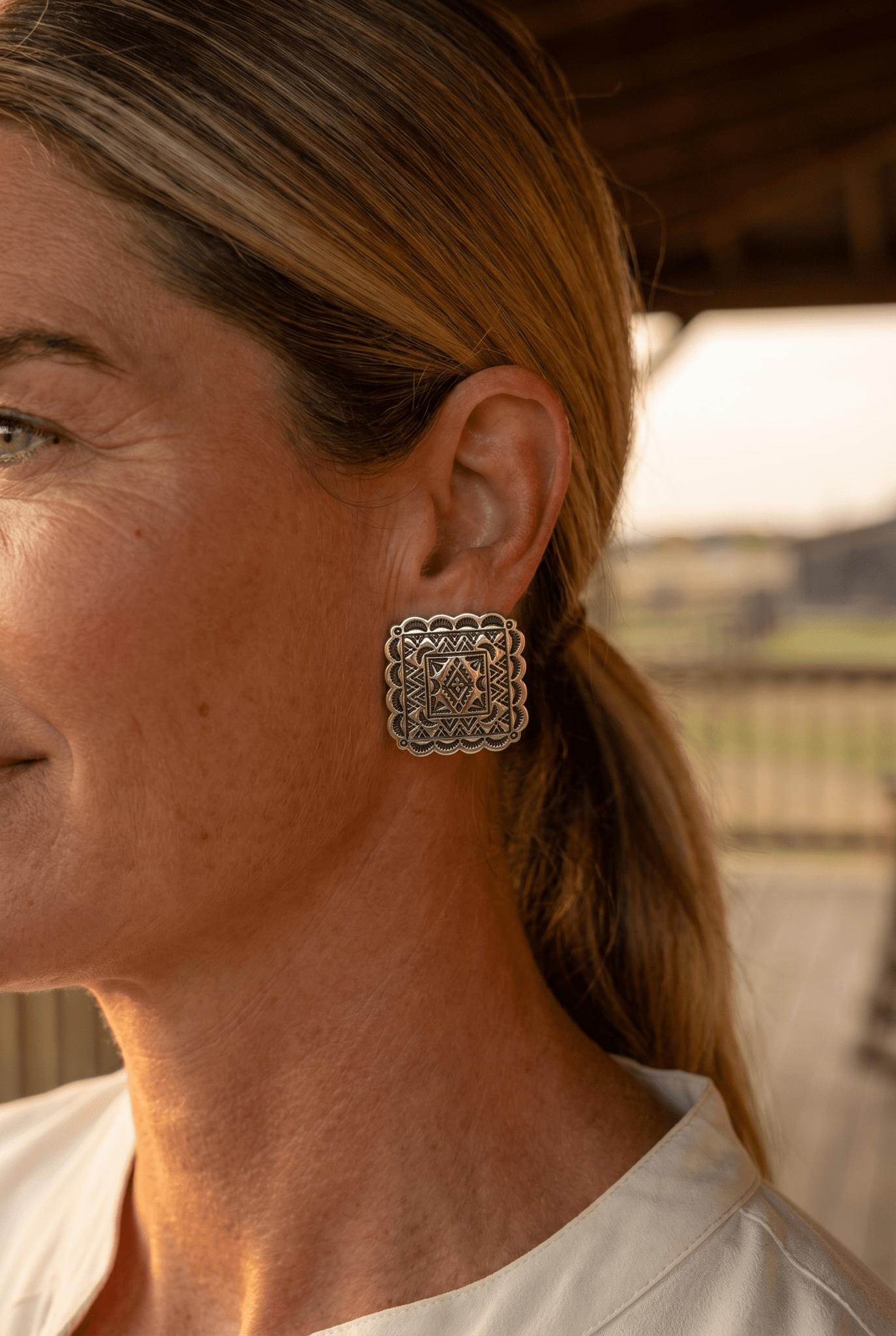 Western Square Concho Fashion Earrings — 1¼" Geometric Statement - Cowhide and Conchos