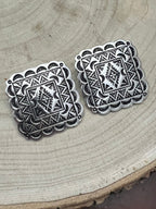 Western Square Concho Fashion Earrings - Cowhide and Conchos