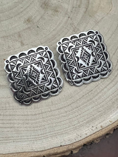 Western Square Concho Fashion Earrings - Cowhide and Conchos