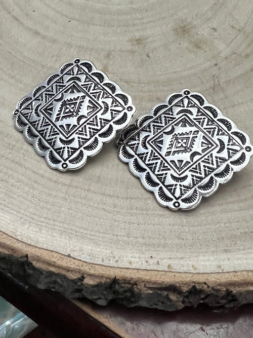 Western Square Concho Fashion Earrings - Cowhide and Conchos