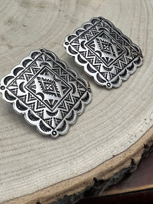 Western Square Concho Fashion Earrings - Cowhide and Conchos