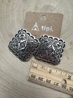 Western Square Concho Fashion Earrings - Cowhide and Conchos