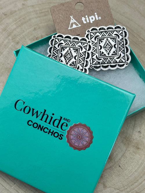 Western Square Concho Fashion Earrings - Cowhide and Conchos