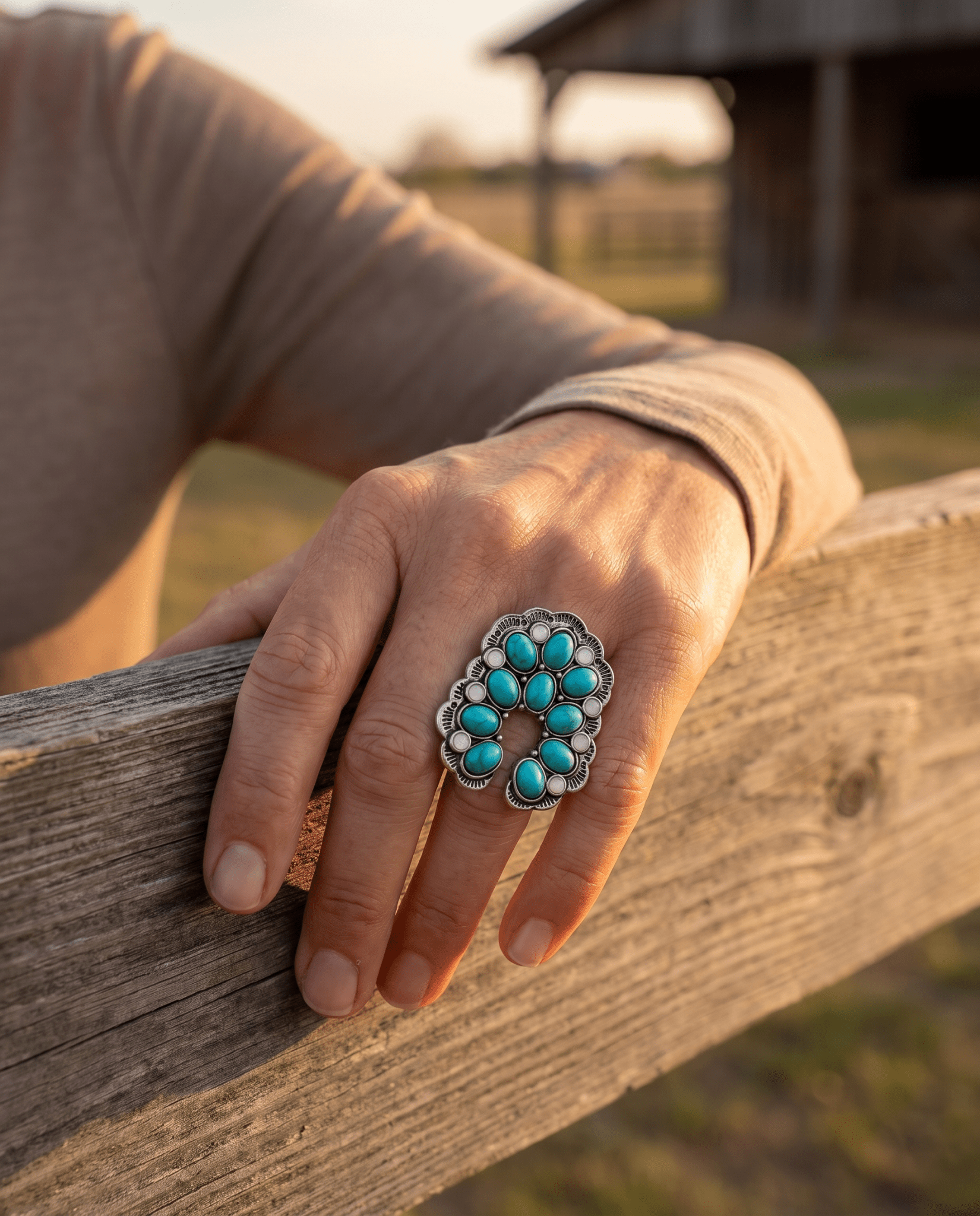 Western Squash Blossom Adjustable Ring — Faux Turquoise & Faux Opal Hand Statement - Cowhide and Conchos