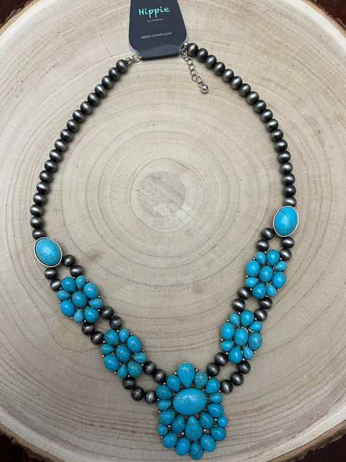Western Squash Faux Statement Necklace - 21 inch - Cowhide and Conchos