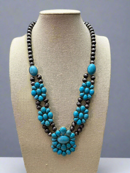 Western Squash Faux Statement Necklace - 21 inch - Cowhide and Conchos