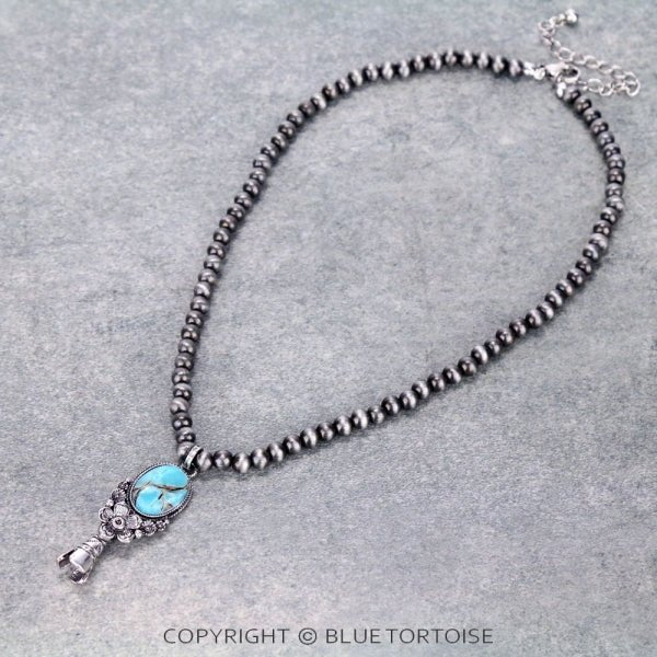 Western Style Pearl with Single Squash Blossom Pendant Necklace - 16 inch - Cowhide and Conchos