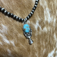 Western Style Pearl with Single Squash Blossom Pendant Necklace - 16 inch - Cowhide and Conchos