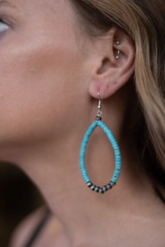 Western Teardrop Earrings with Faux Turquoise - 2 1/2 inch drop - Cowhide and Conchos