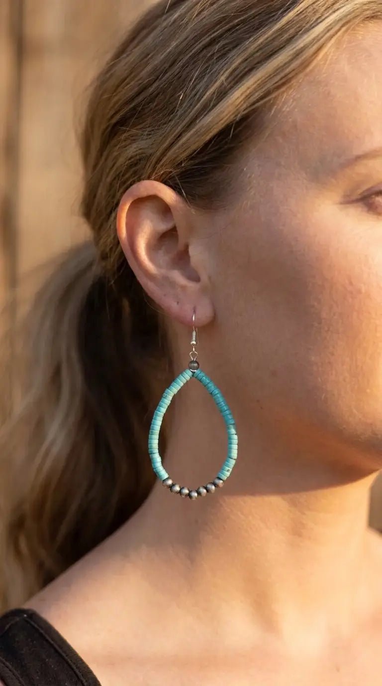 Western Teardrop Earrings with Faux Turquoise — Crafted 2½" Drop - Cowhide and Conchos