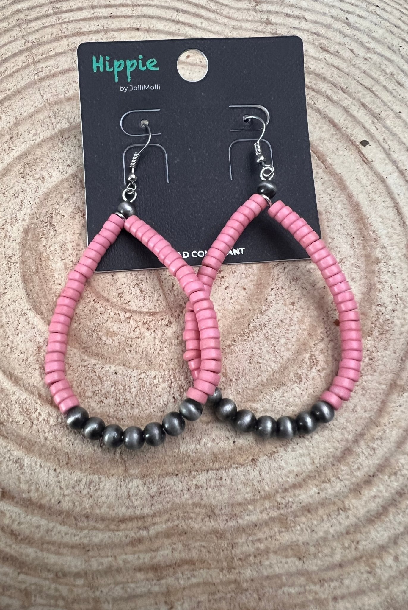 Western Teardrop Earrings with Pink Stones - 2 1/2 inch drop - Cowhide and Conchos