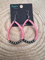 Western Teardrop Earrings with Pink Stones - 2 1/2 inch drop - Cowhide and Conchos