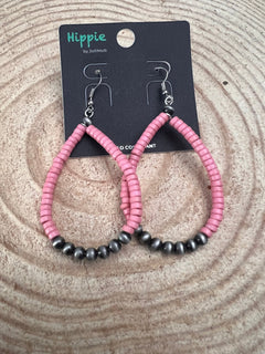 Western Teardrop Earrings with Pink Stones - 2 1/2 inch drop - Cowhide and Conchos