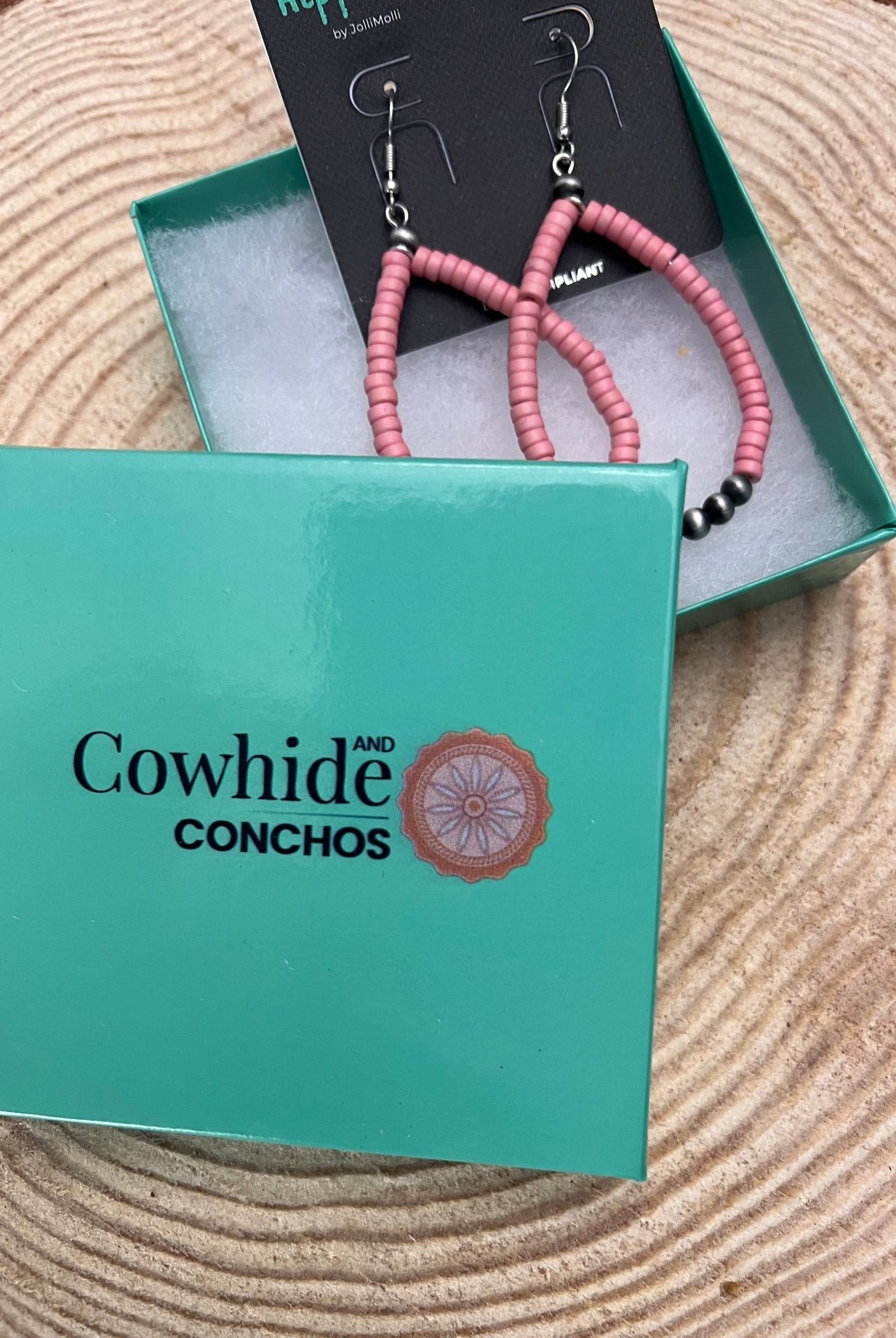 Western Teardrop Earrings with Pink Stones - 2 1/2 inch drop - Cowhide and Conchos
