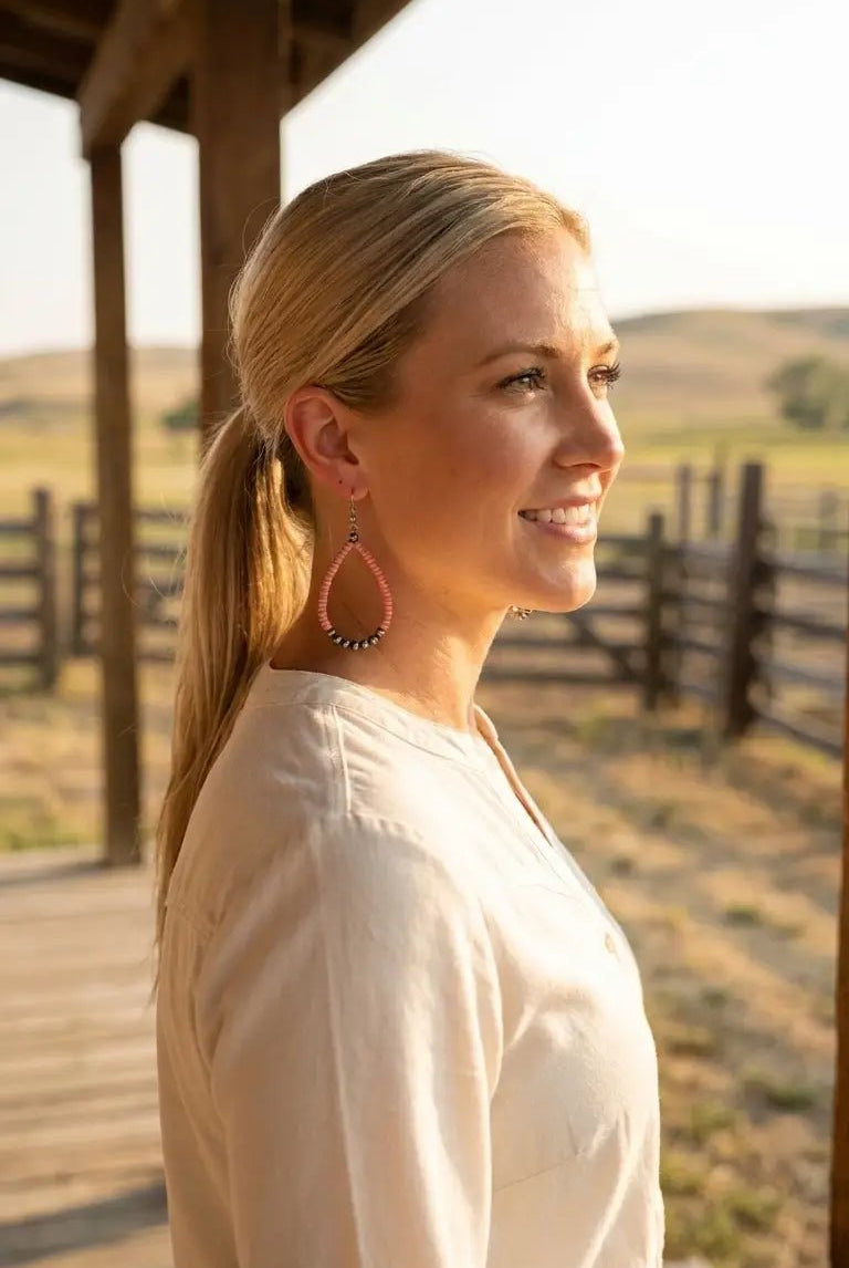 Western Teardrop Earrings with Pink Stones — 2½" Drop Southwestern Statement - Cowhide and Conchos