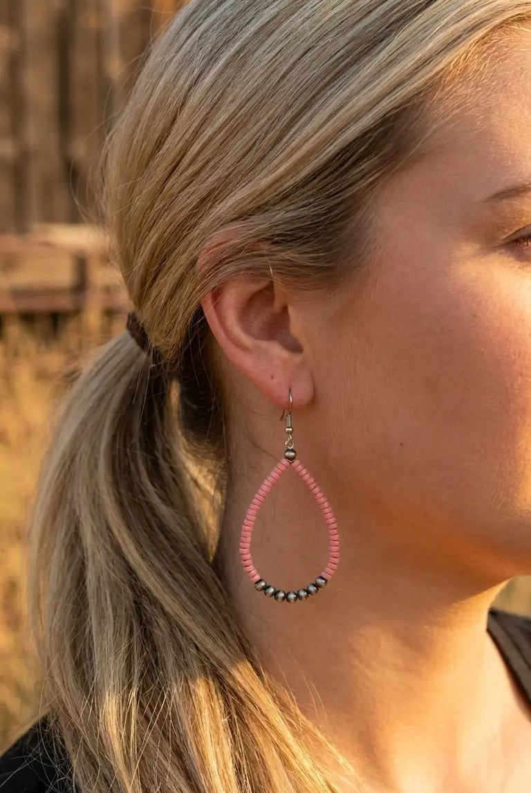 Western Teardrop Earrings with Pink Stones — 2½" Drop Southwestern Statement - Cowhide and Conchos
