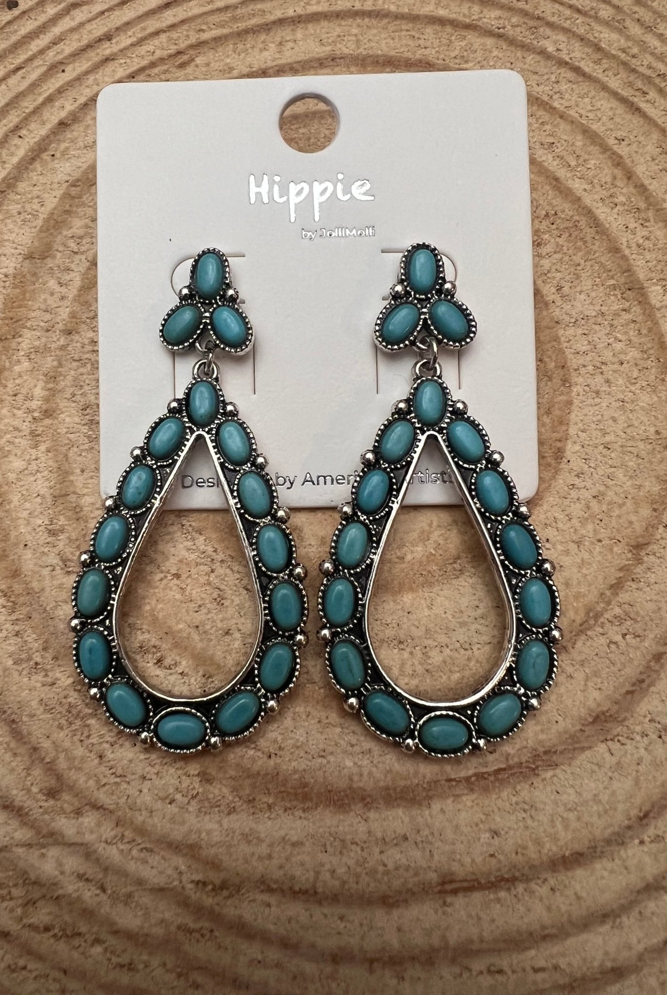 Western Teardrop Faux Turquoise earrings - 2 1/2 inch drop - Cowhide and Conchos