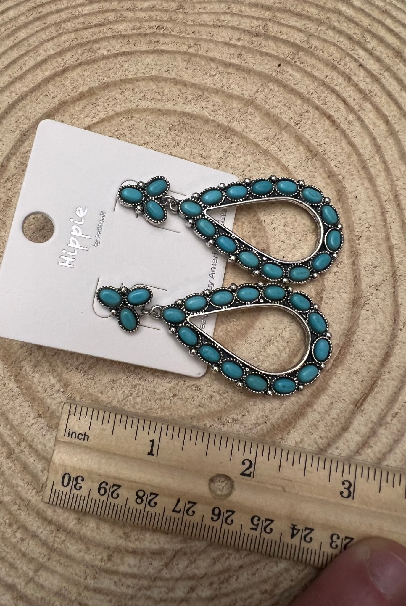 Western Teardrop Faux Turquoise earrings - 2 1/2 inch drop - Cowhide and Conchos