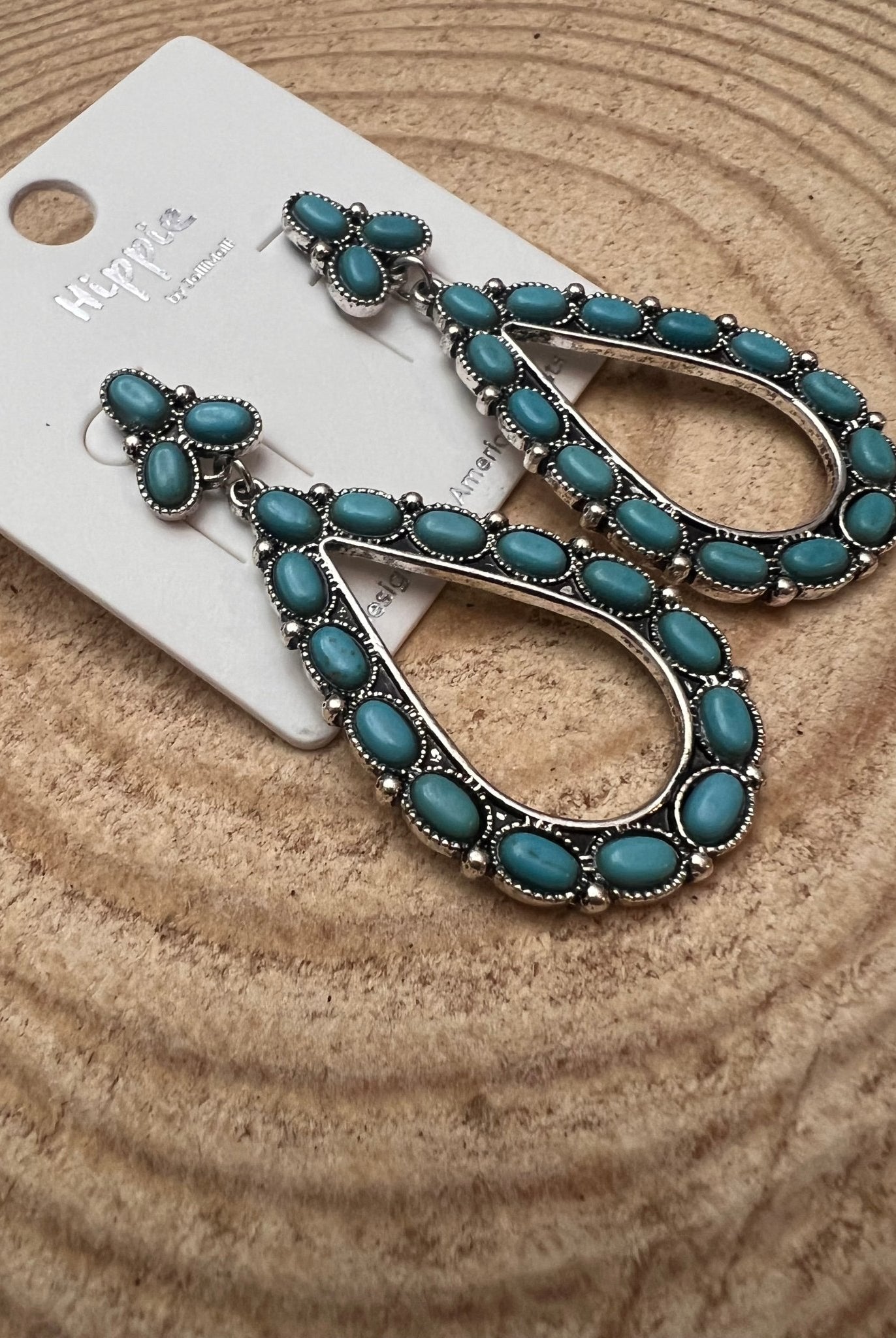 Western Teardrop Faux Turquoise earrings - 2 1/2 inch drop - Cowhide and Conchos