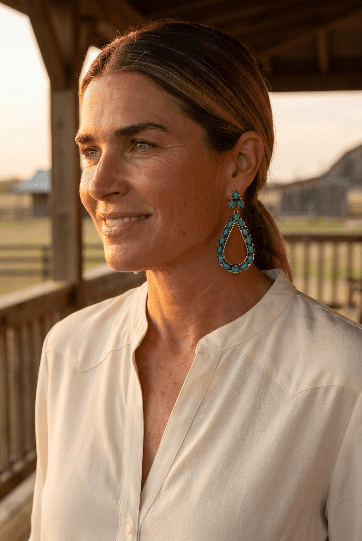 Western Teardrop Faux Turquoise Earrings — Everyday 2½" Drop - Cowhide and Conchos