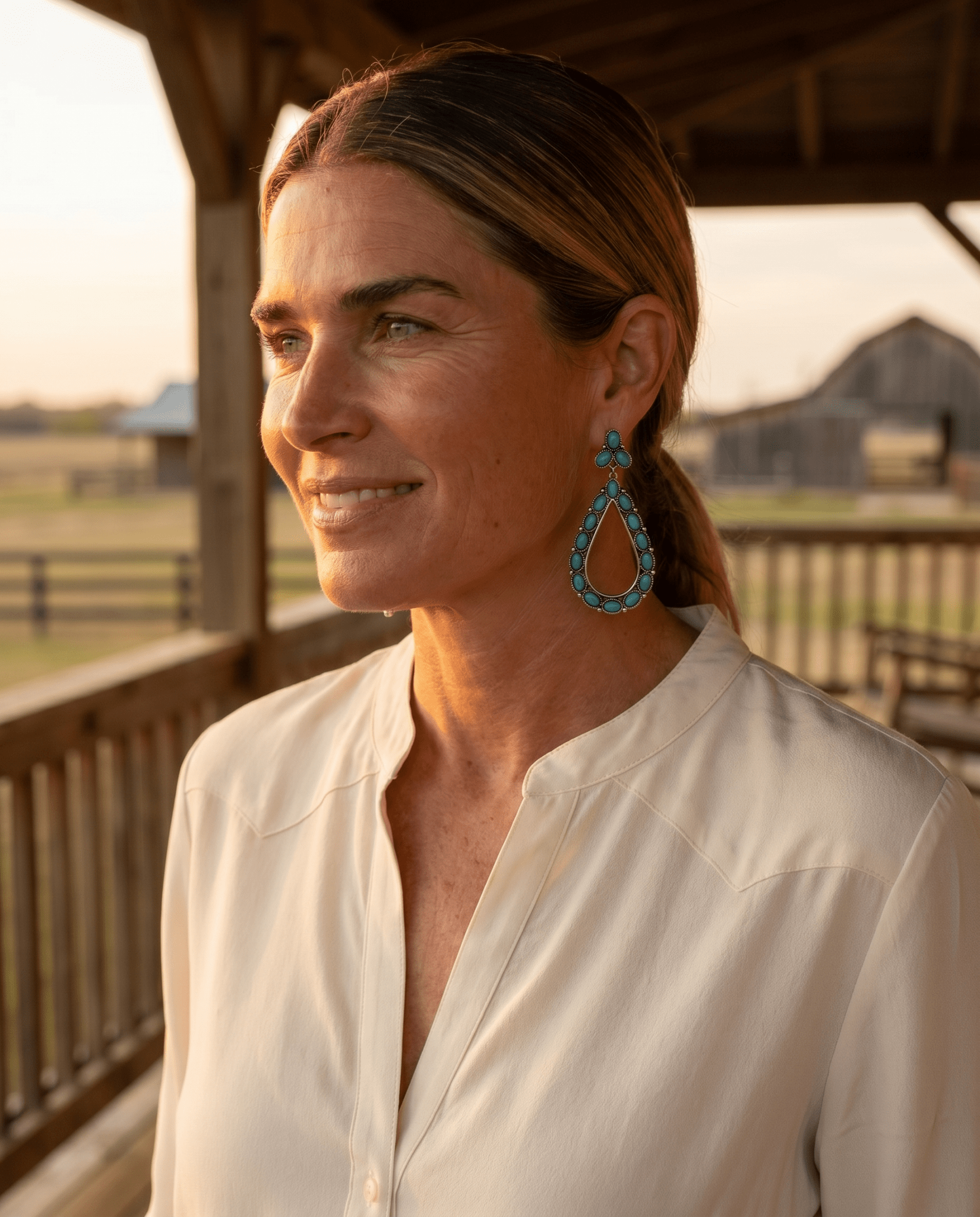 Western Teardrop Faux Turquoise Earrings — Everyday 2½" Drop - Cowhide and Conchos