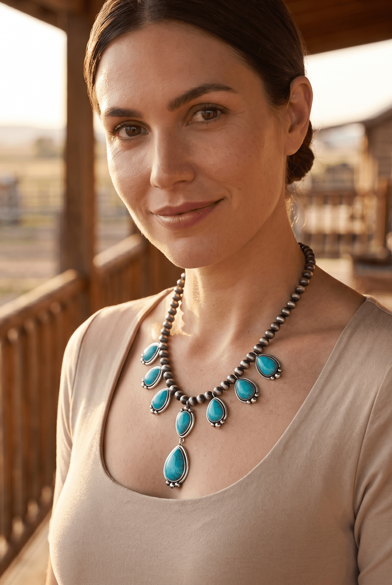 Western Teardrop Faux Turquoise & Sterling Pearl Necklace — 16 Inch Southwestern Pendant - Cowhide and Conchos