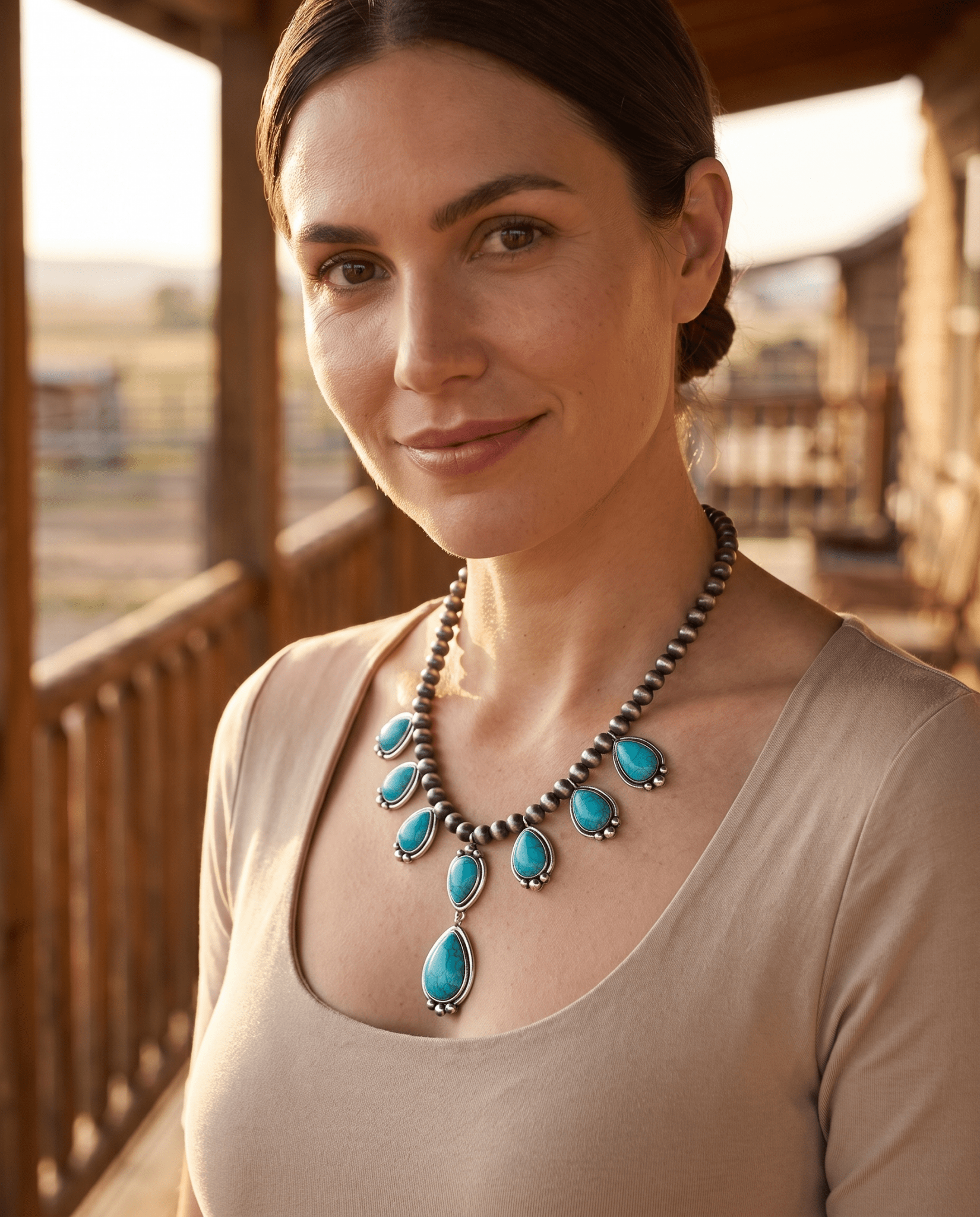Western Teardrop Faux Turquoise & Sterling Pearl Necklace — 16 Inch Southwestern Pendant - Cowhide and Conchos