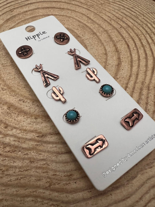 Western Theme 5 for 1 Earring Set - Cowhide and Conchos