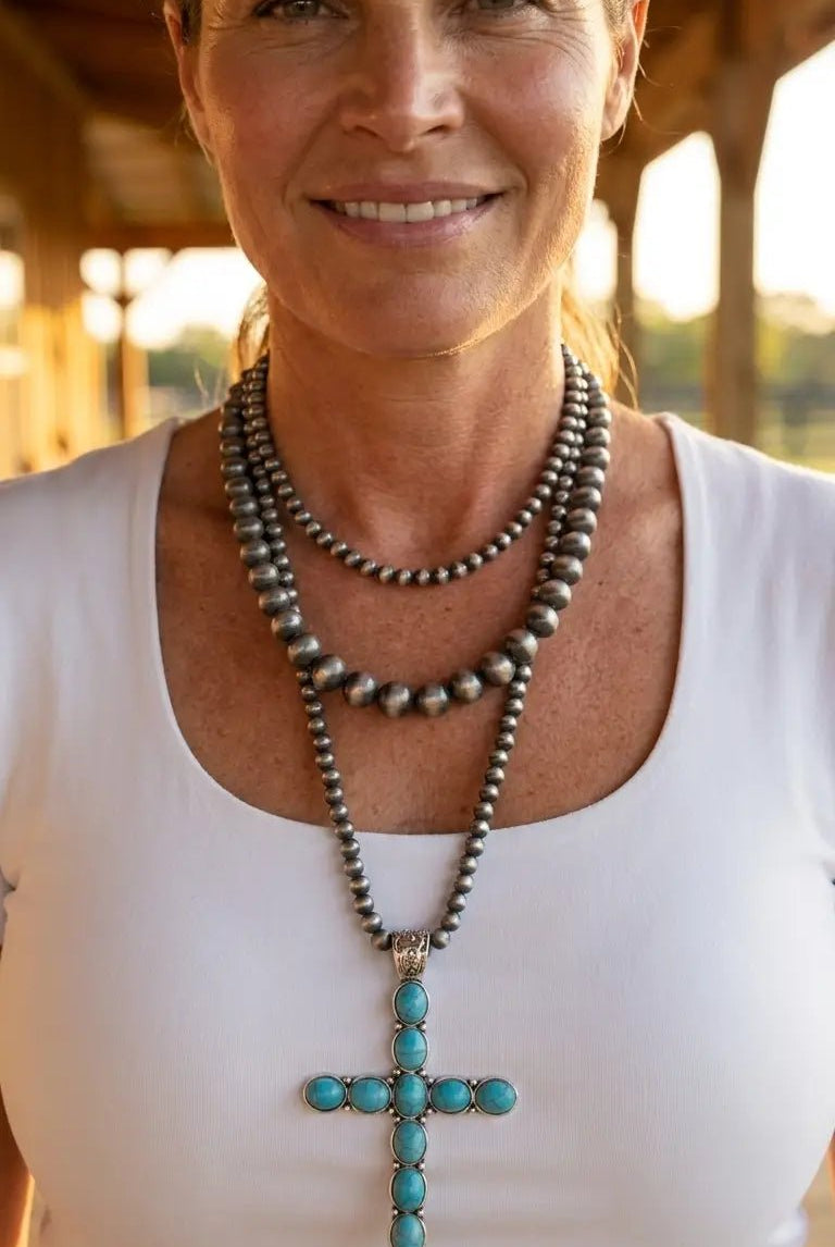 Western Turquoise Cross Three-Layered Necklace — Faux Pearl Trio with 3" Cross Pendant - Cowhide and Conchos
