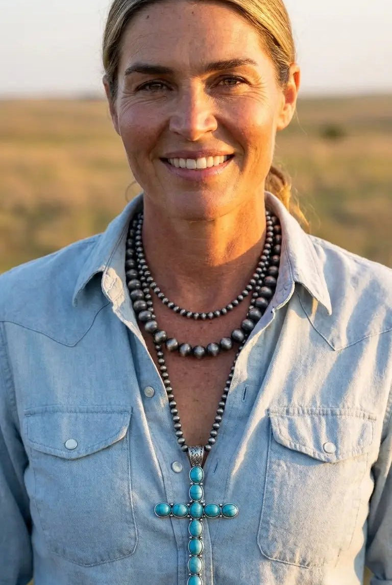 Western Turquoise Cross Three-Layered Necklace — Faux Pearl Trio with 3" Cross Pendant - Cowhide and Conchos