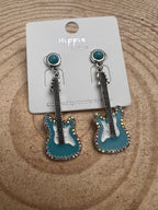 Western Turquoise Guitar Dangle Earrings - 2 inch drop - Cowhide and Conchos