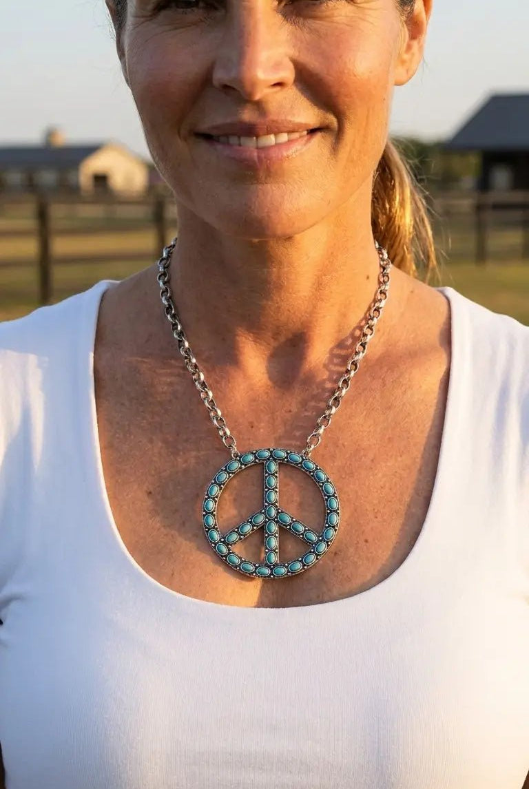 Western Turquoise Peace Pendant Necklace — 22 Inch Statement with 3" Pendant - Cowhide and Conchos