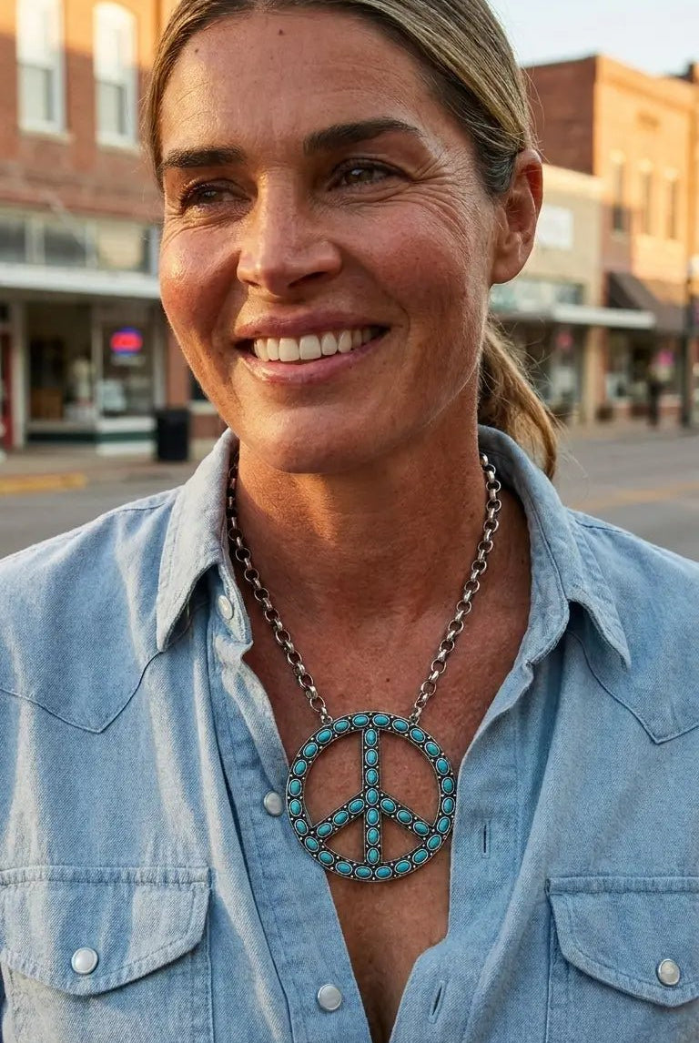 Western Turquoise Peace Pendant Necklace — 22 Inch Statement with 3" Pendant - Cowhide and Conchos