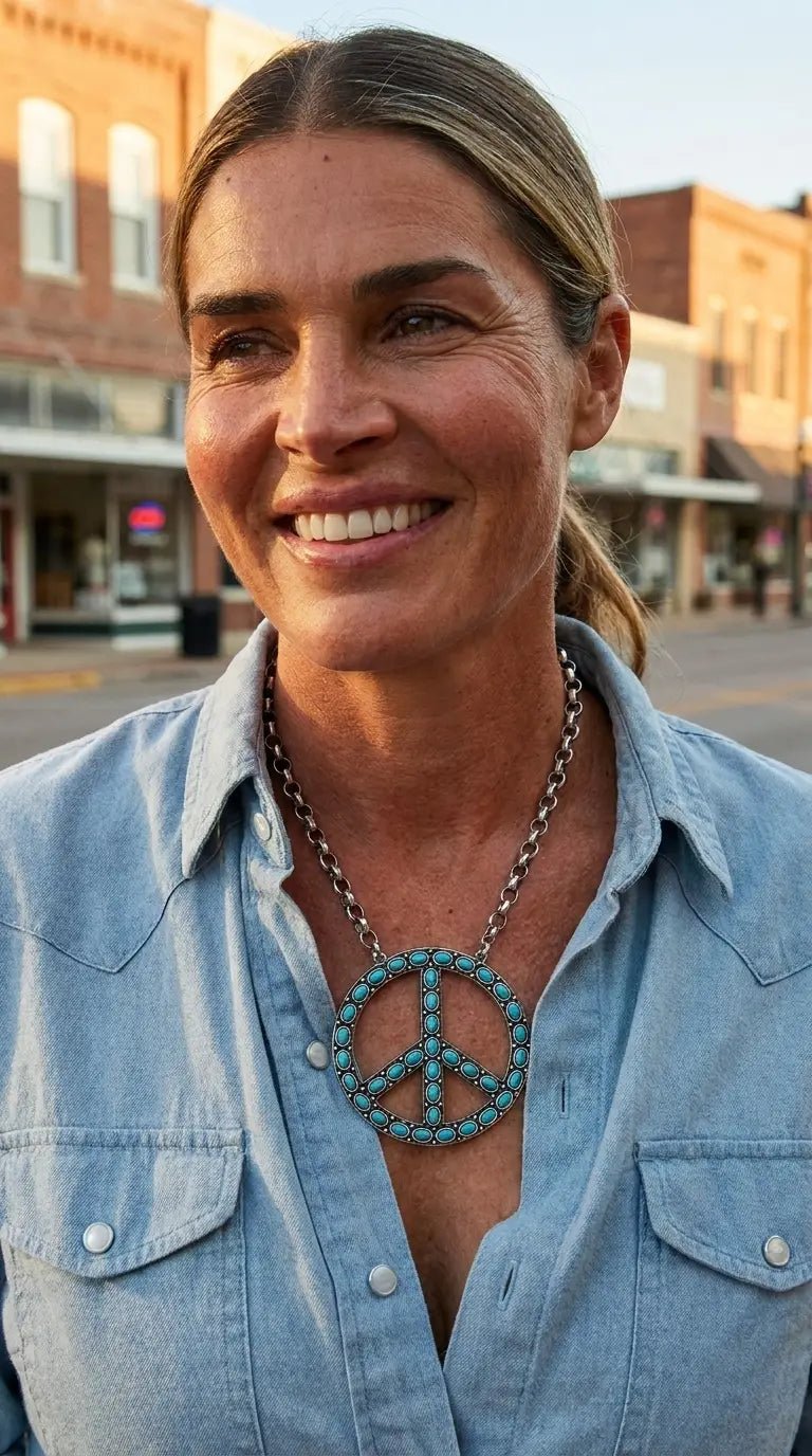 Western Turquoise Peace Pendant Necklace — 22 Inch Statement with 3" Pendant - Cowhide and Conchos