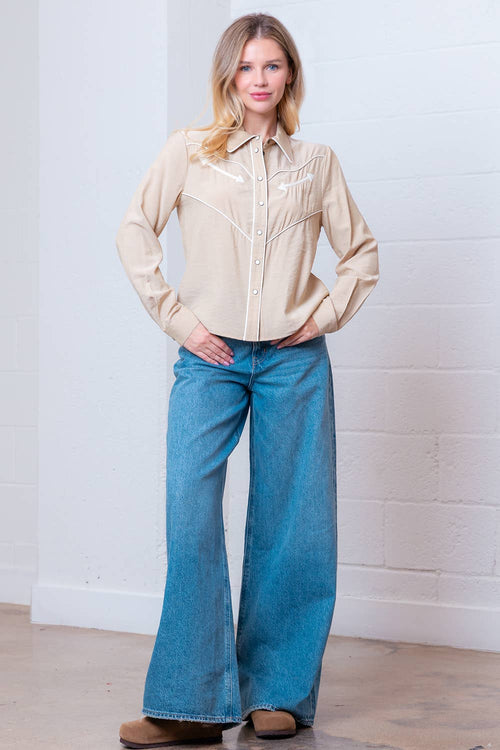 Western Vintage Button Down Blouse - Cowhide and Conchos