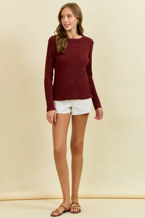 Western Yoke Ribbed Long sleeved Tee - Cowhide and Conchos
