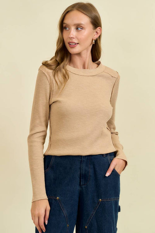 Western Yoke Ribbed Long sleeved Tee - Cowhide and Conchos