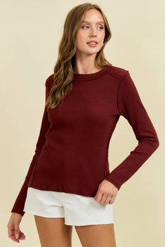 Western Yoke Ribbed Long sleeved Tee - Cowhide and Conchos