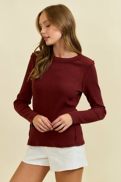 Western Yoke Ribbed Long sleeved Tee - Cowhide and Conchos