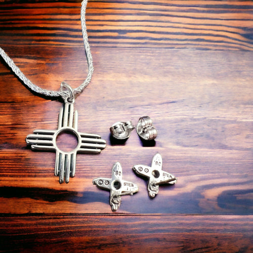 Western Zia Jewelry Set - Pendant, chain, and post earrings in sterling silver - Cowhide and Conchos