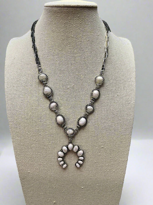 White Stone Faux Squash Blossom Necklace - 16 inch + 3 - Cowhide and Conchos