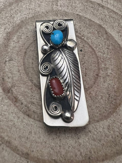Wilbur Myers Coral, Turquoise & Sterling Silver Money Clip - Cowhide and Conchos