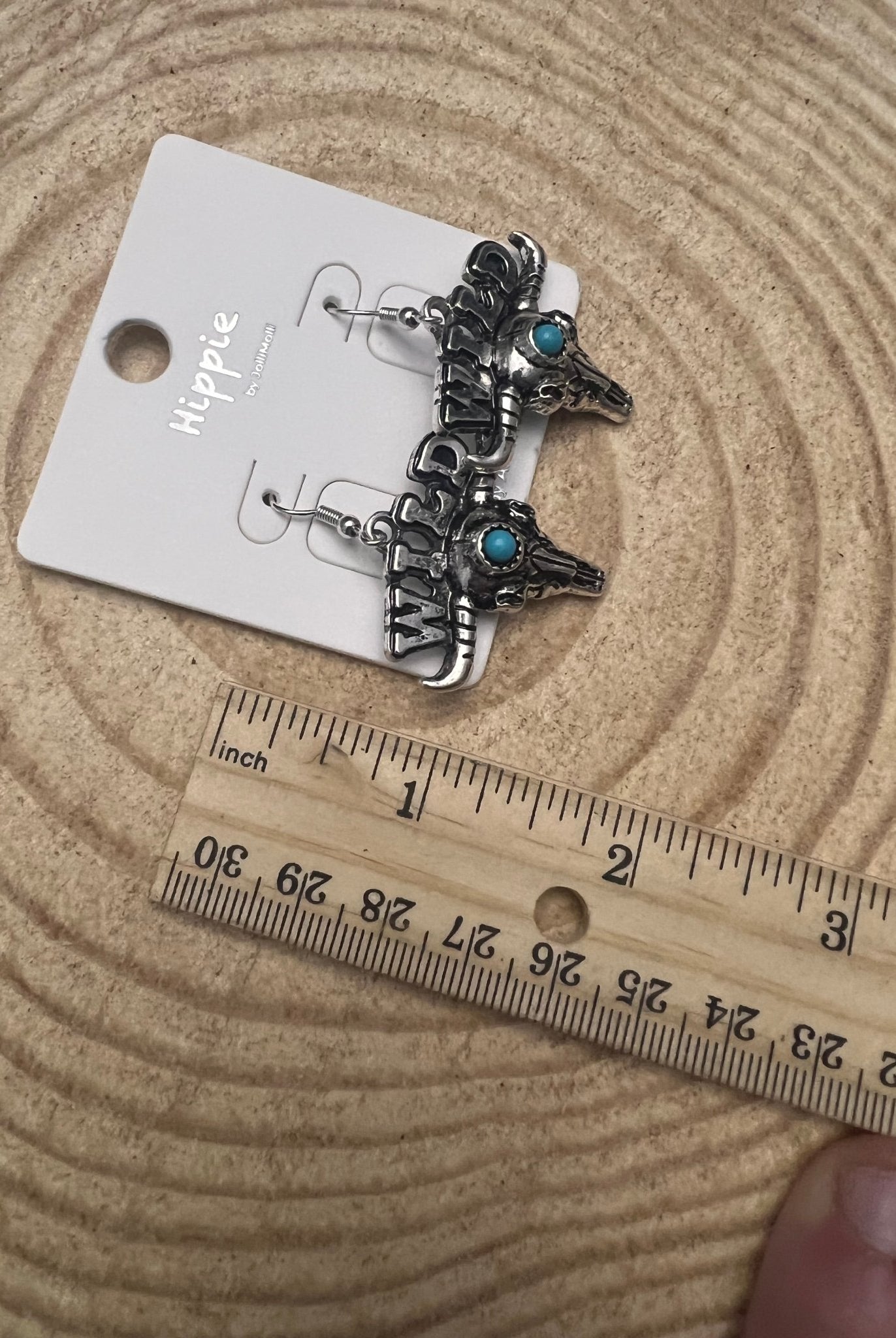 Wild Bull Skull Earrings - 1 1/2 inch drop - Cowhide and Conchos