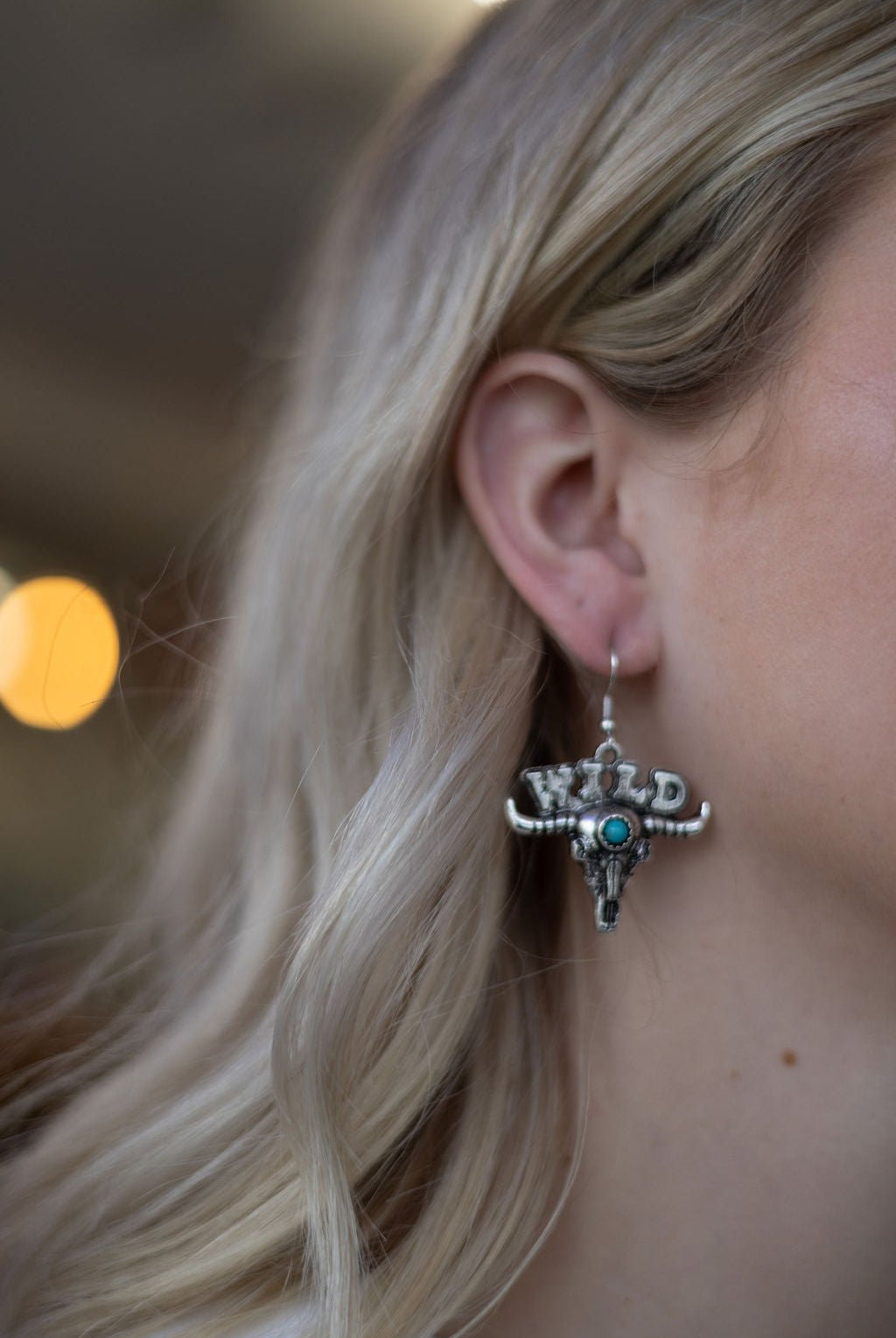 Wild Bull Skull Earrings - 1 1/2 inch drop - Cowhide and Conchos