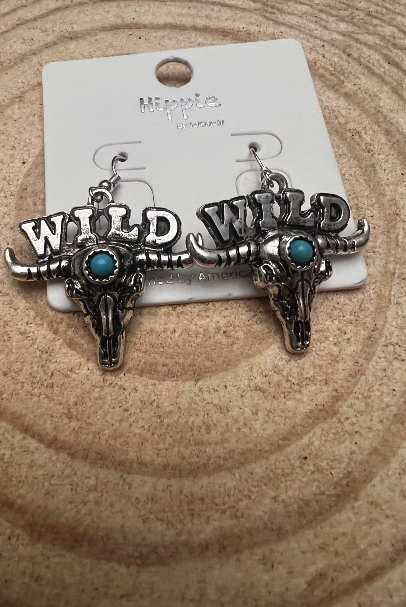 Wild Bull Skull Earrings - 1 1/2 inch drop - Cowhide and Conchos