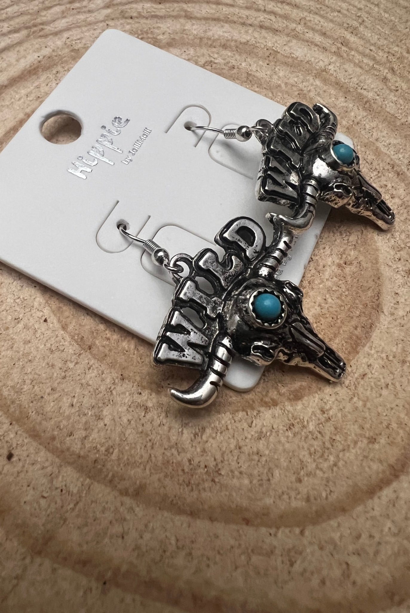 Wild Bull Skull Earrings - 1 1/2 inch drop - Cowhide and Conchos