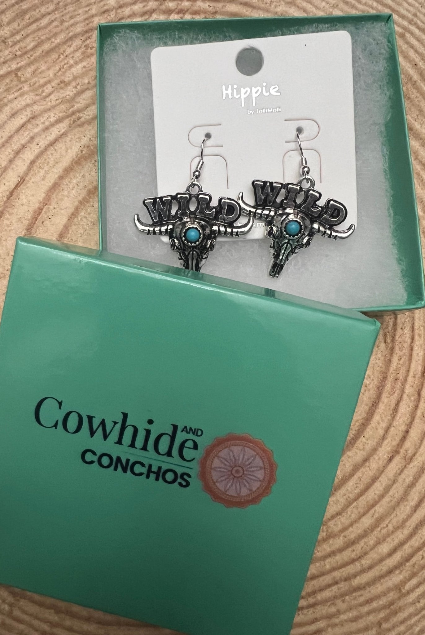Wild Bull Skull Earrings - 1 1/2 inch drop - Cowhide and Conchos