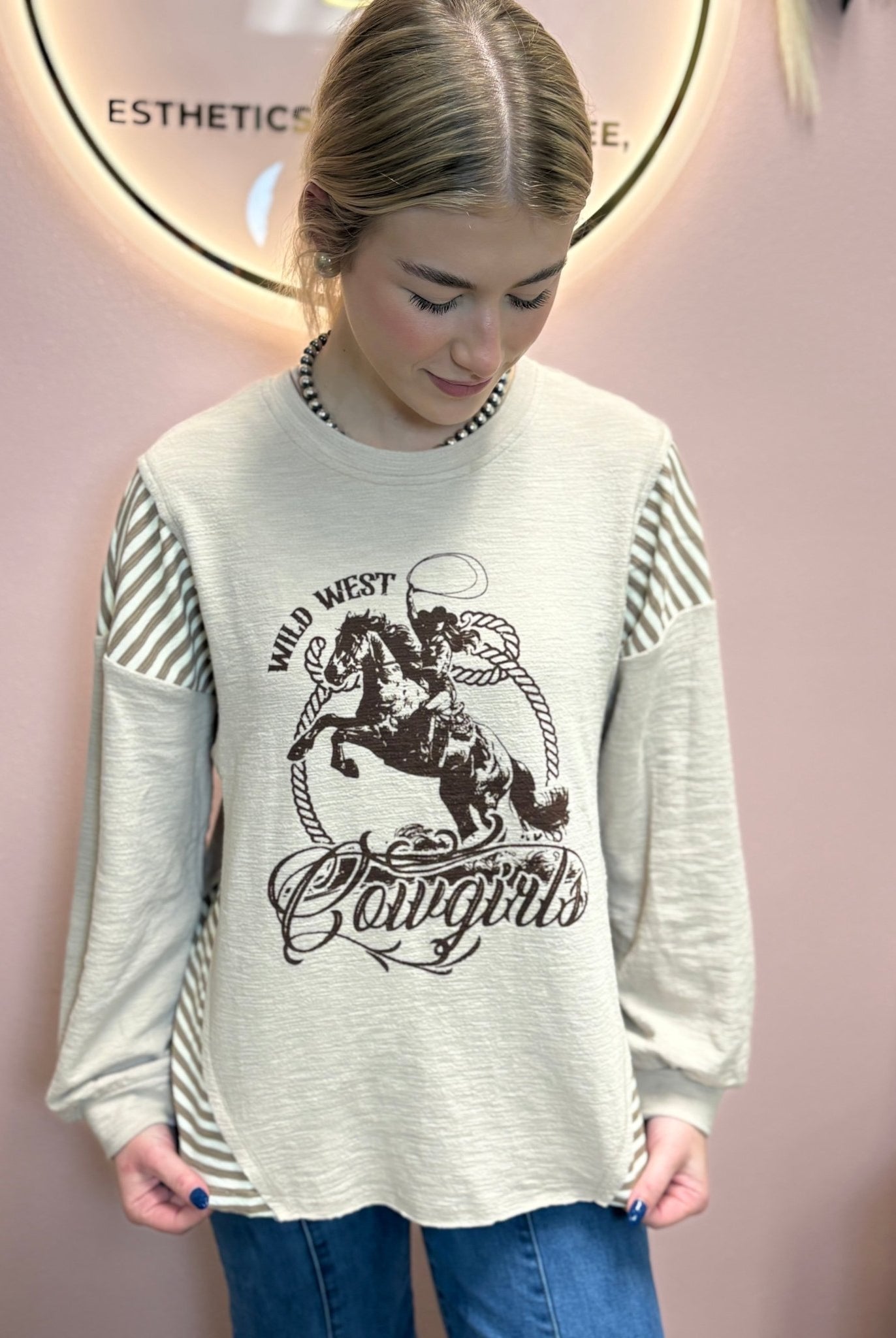 Wild West Cowgirls Graphic Knit Top - Taupe or Olive - Cowhide and Conchos